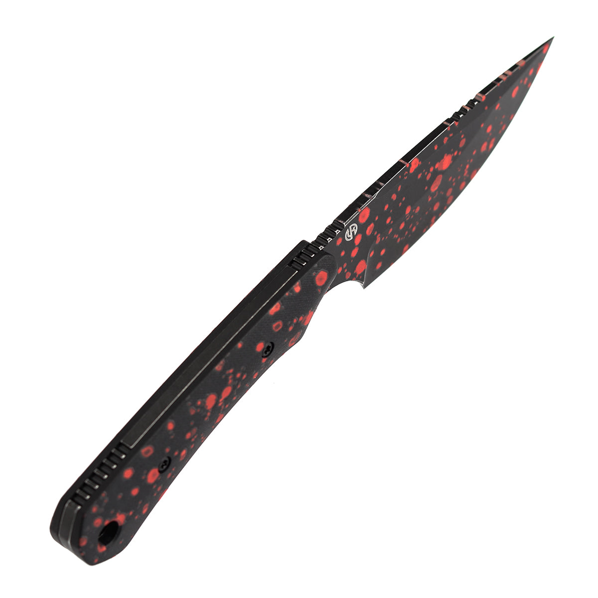 Kansept Flank G006A8 blade detail – Blackwash D2 Drop Point with Zombie Blood print