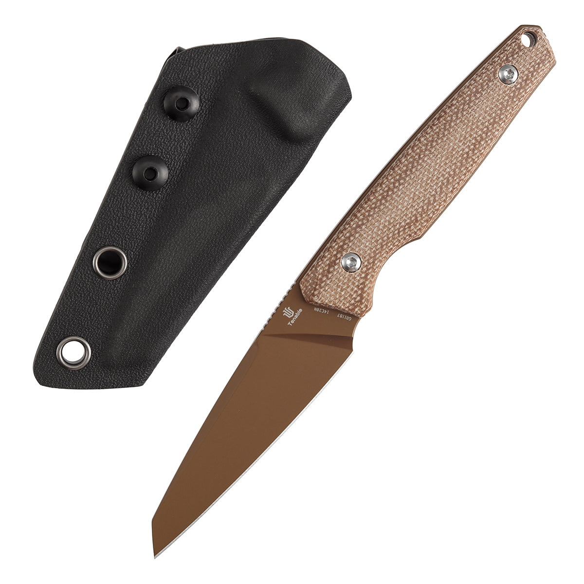 Tenable Parr G011B7 front view – 2.87" rose gold coated 14C28N reverse tanto fixed blade knife