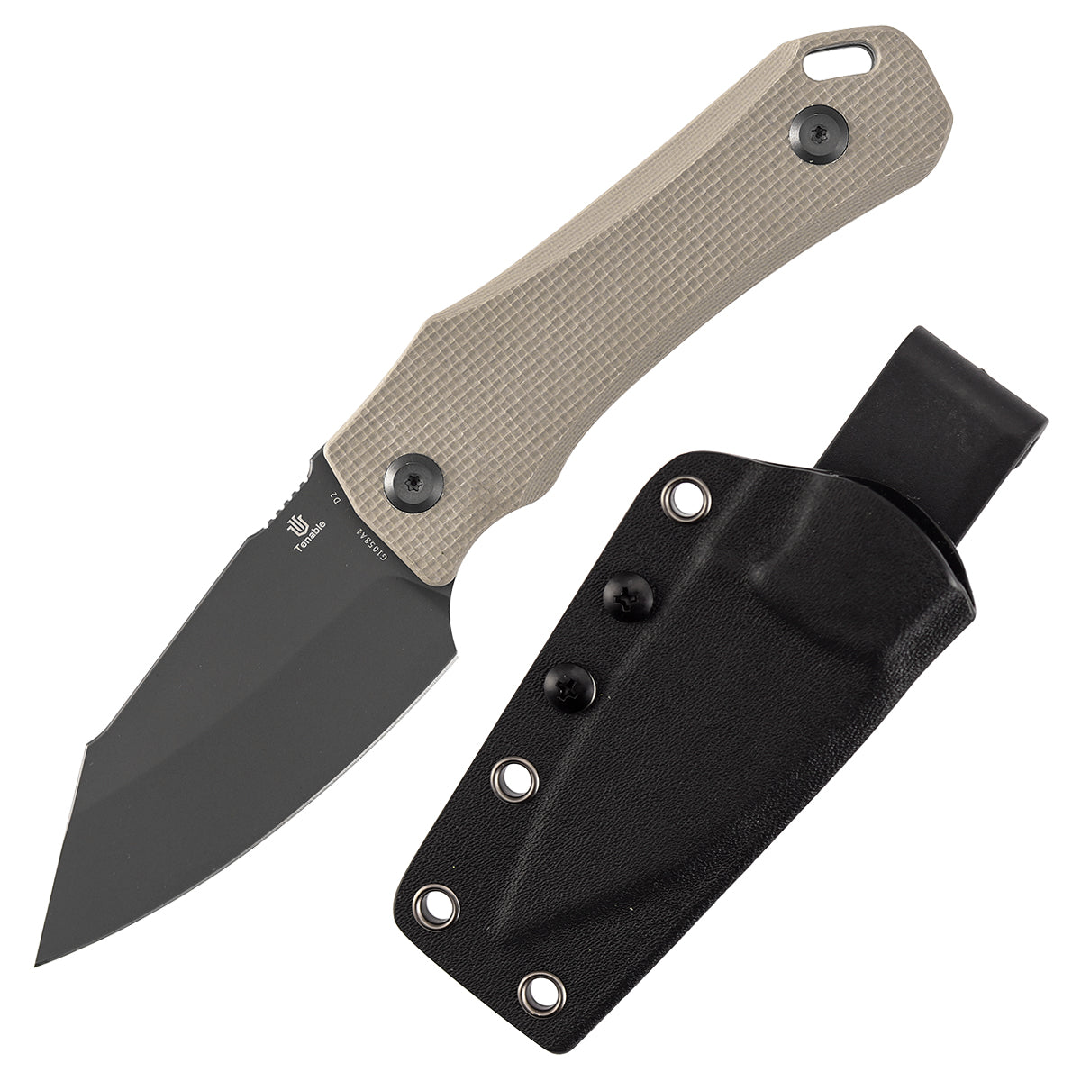 Tenable Loki G1058A1 front view – 2.99″ Gray TiCn D2 wharncliffe, light sand G10 handle, fixed blade
