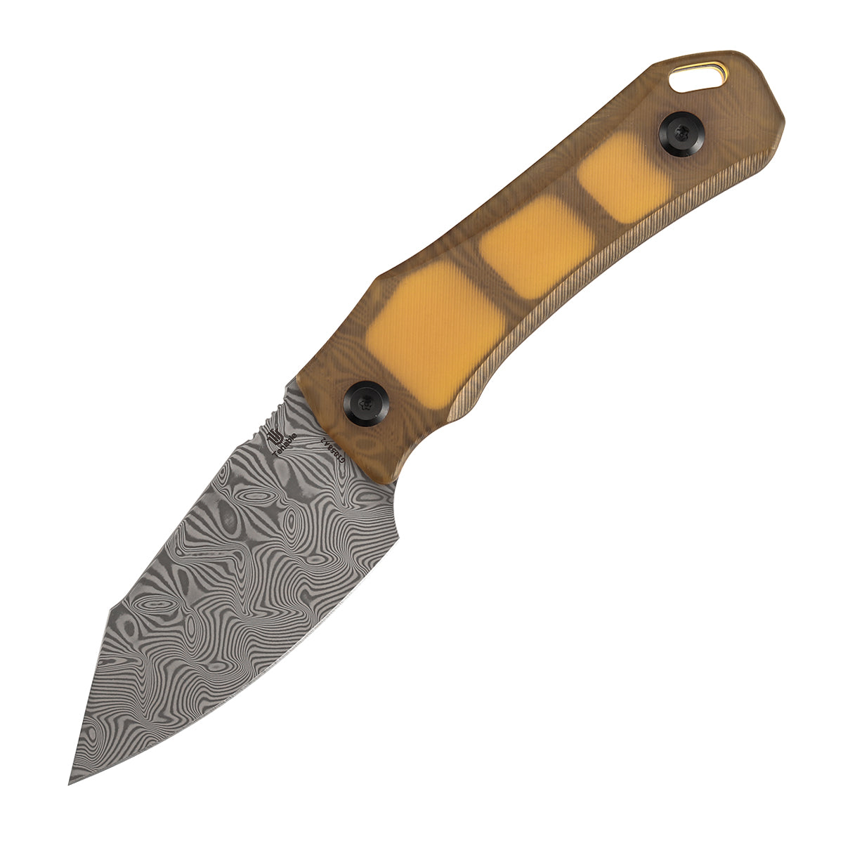 Tenable Loki G1058A2 damascus blade and amber PEI/Ultem handle detail – 110-layer JD-110 Damascus