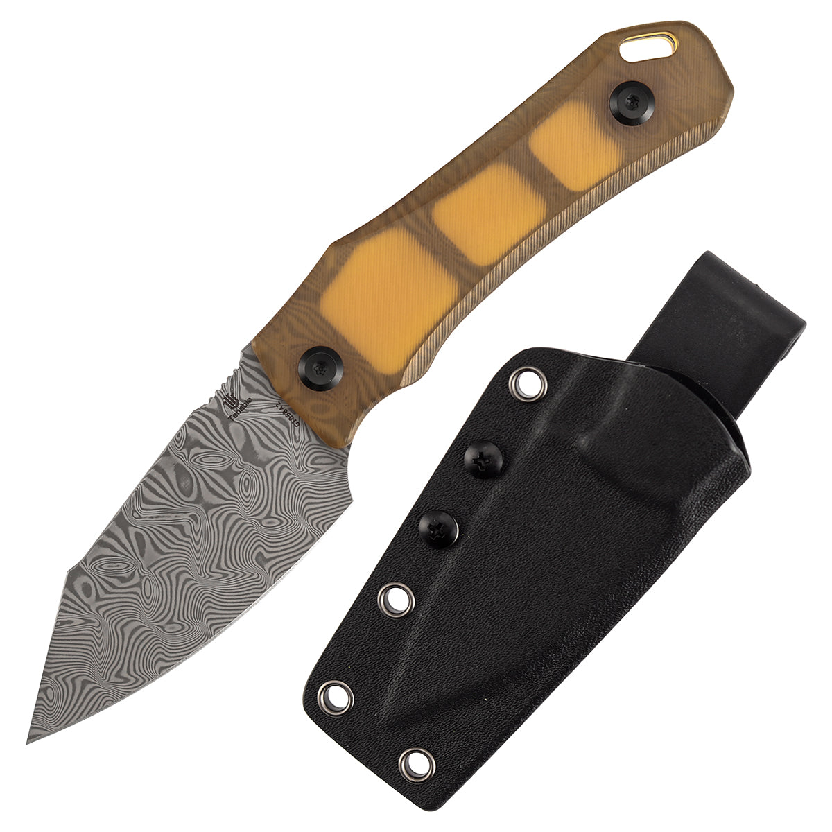 Tenable Loki G1058A2 front view – 2.99″ Damascus wharncliffe, amber PEI/Ultem handle, fixed blade