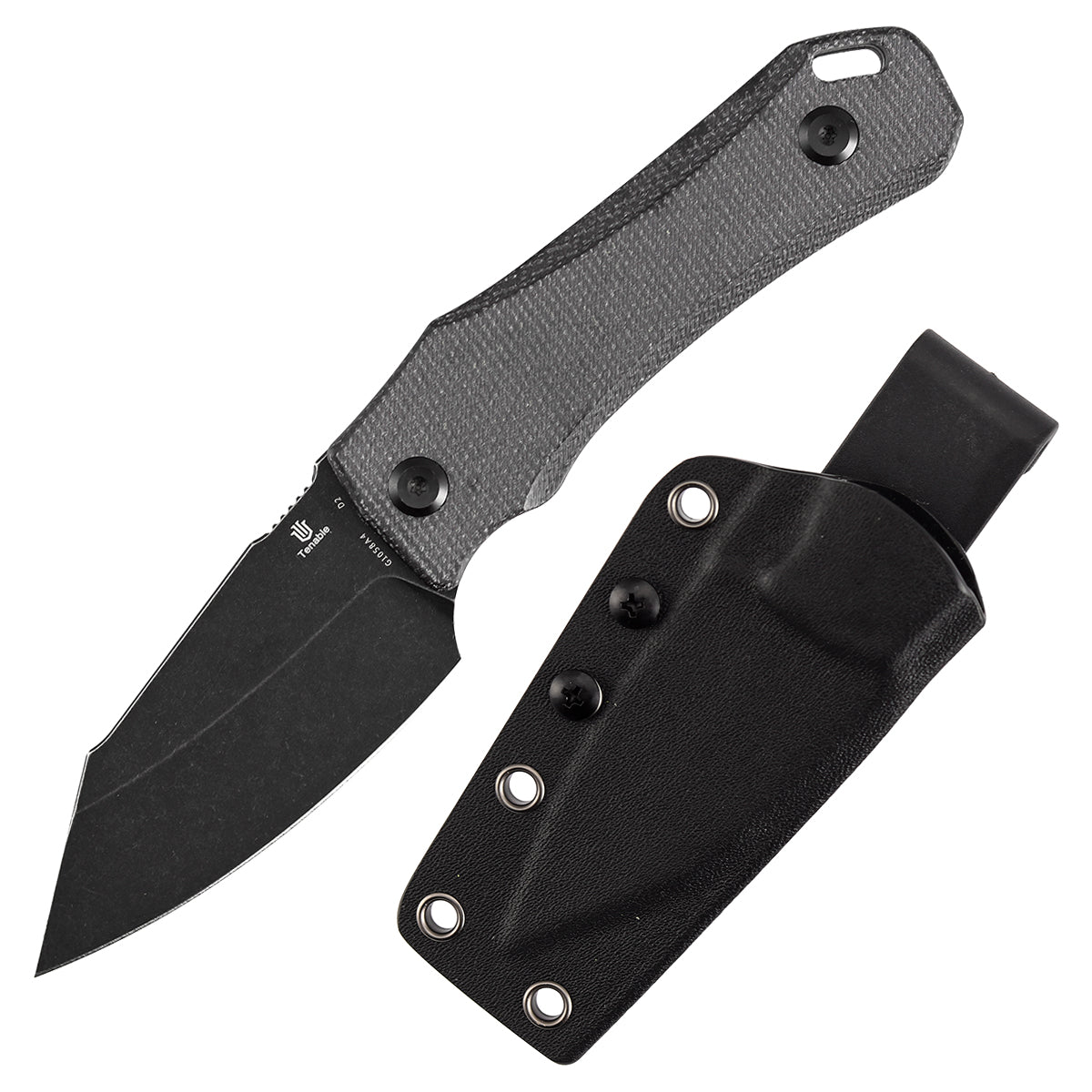 Tenable Loki G1058A4 front view with Kydex sheath – 2.99″ Blackwash D2 wharncliffe, black micarta, fixed blade