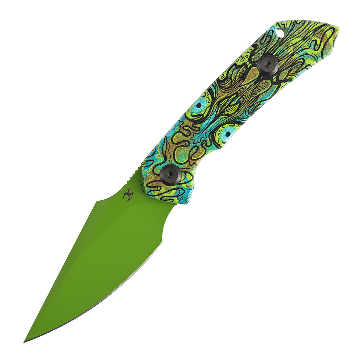 Kansept Fenrir G3034A3 blade detail – green coated D2 harpoon