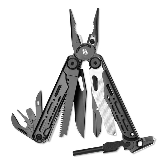 HX Outdoors IGNITE GQ-22B front view – 6.3" 15-in-1 black EDC multi-tool