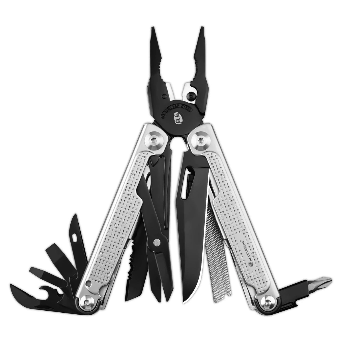 HX Outdoors Eaglite GQ-25 front view – 6.97" 20-in-1 multi-tool pliers with 7Cr17 blade and silver 2Cr13 stainless handles