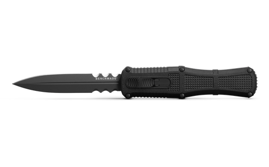 Benchmade Claymore OTF 3370SGY Tactical Knife 3.89in Serrated CPM-D2 Blade Black Grivory Handles
