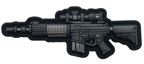 AR-15 Rifle Tactical Morale Patch GUN-CHSC front view – 4.13″ x 1.57″ black and gunmetal AR-15 carbine 3D PVC patch