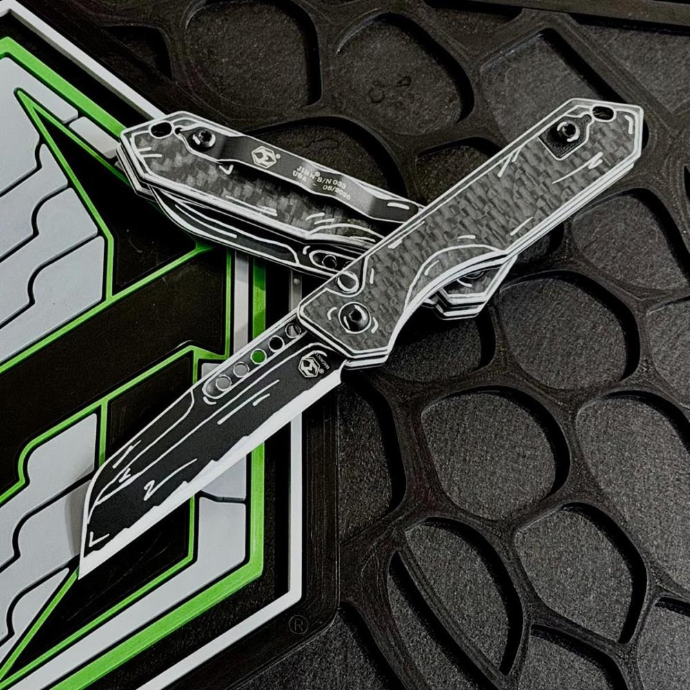Heretic Knives Jinn Auto 3" MagnaCut Wharncliffe - H113-CS-BW-CF Black & White Cel Shading Glow Carbon Fiber
