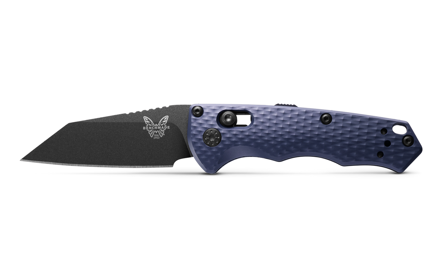 Benchmade Auto Immunity 2900BK side profile open – Cobalt Black Wharncliffe blade, Auto-AXIS automatic