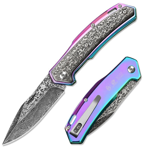 HX OUTDOORS CHAMELEON ZD-084 – 3.46" 5Cr15 Slip Joint Pocket Knife with Aluminum Damascus-Pattern Handle