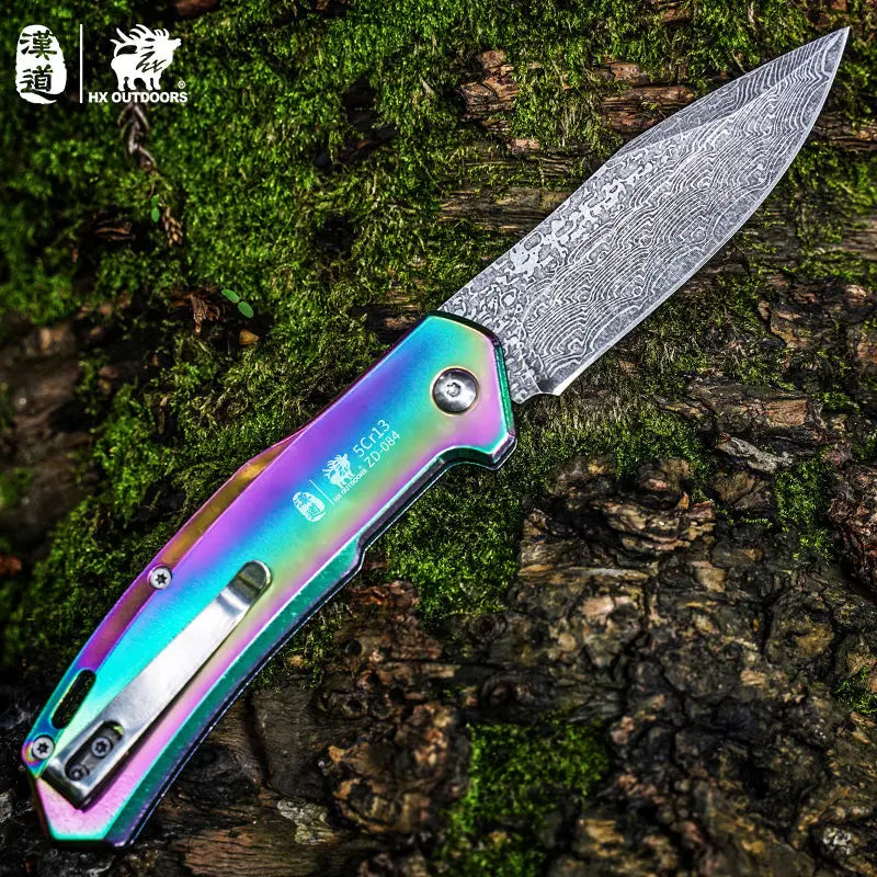 HX OUTDOORS CHAMELEON ZD-084 – 3.46" 5Cr15 Slip Joint Pocket Knife with Aluminum Damascus-Pattern Handle