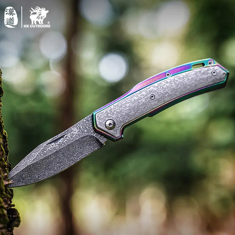 HX OUTDOORS CHAMELEON ZD-084 – 3.46" 5Cr15 Slip Joint Pocket Knife with Aluminum Damascus-Pattern Handle