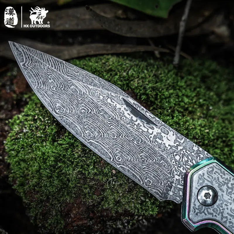 HX OUTDOORS CHAMELEON ZD-084 – 3.46" 5Cr15 Slip Joint Pocket Knife with Aluminum Damascus-Pattern Handle
