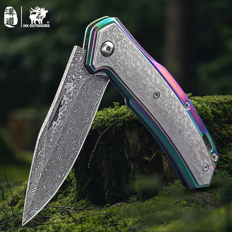 HX OUTDOORS CHAMELEON ZD-084 – 3.46" 5Cr15 Slip Joint Pocket Knife with Aluminum Damascus-Pattern Handle
