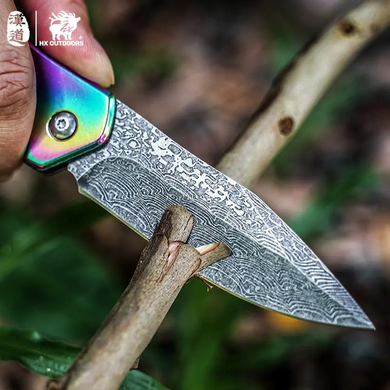 HX OUTDOORS CHAMELEON ZD-084 – 3.46" 5Cr15 Slip Joint Pocket Knife with Aluminum Damascus-Pattern Handle
