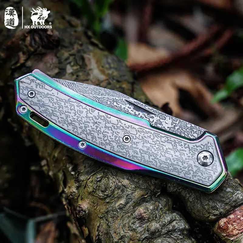 HX OUTDOORS CHAMELEON ZD-084 – 3.46" 5Cr15 Slip Joint Pocket Knife with Aluminum Damascus-Pattern Handle