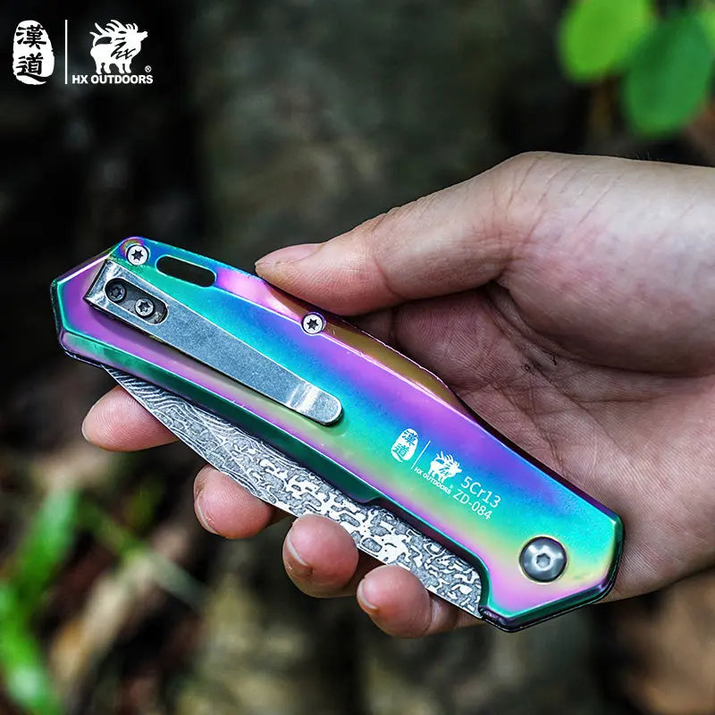 HX OUTDOORS CHAMELEON ZD-084 – 3.46" 5Cr15 Slip Joint Pocket Knife with Aluminum Damascus-Pattern Handle