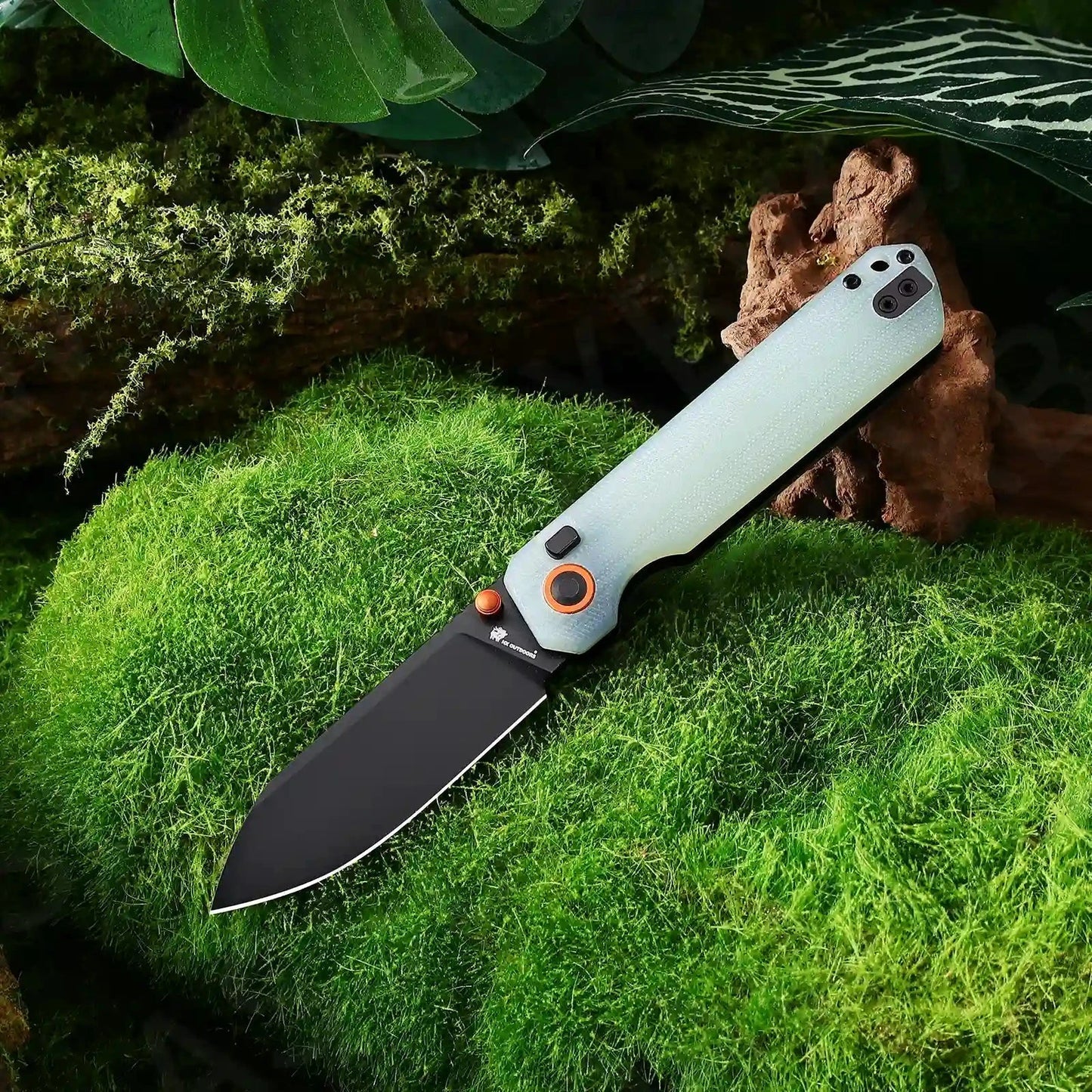 HX OUTDOORS HYLA ZD-120S-B – 2.91" 14C28N Black Blade Button Lock Knife with Natural Green G10 Handle