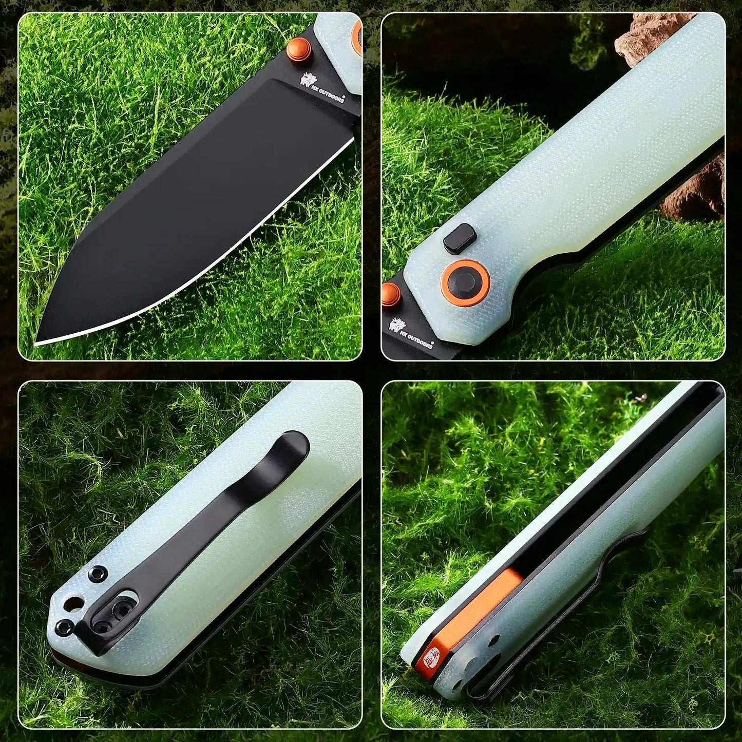 HX OUTDOORS HYLA ZD-120S-B – 2.91" 14C28N Black Blade Button Lock Knife with Natural Green G10 Handle