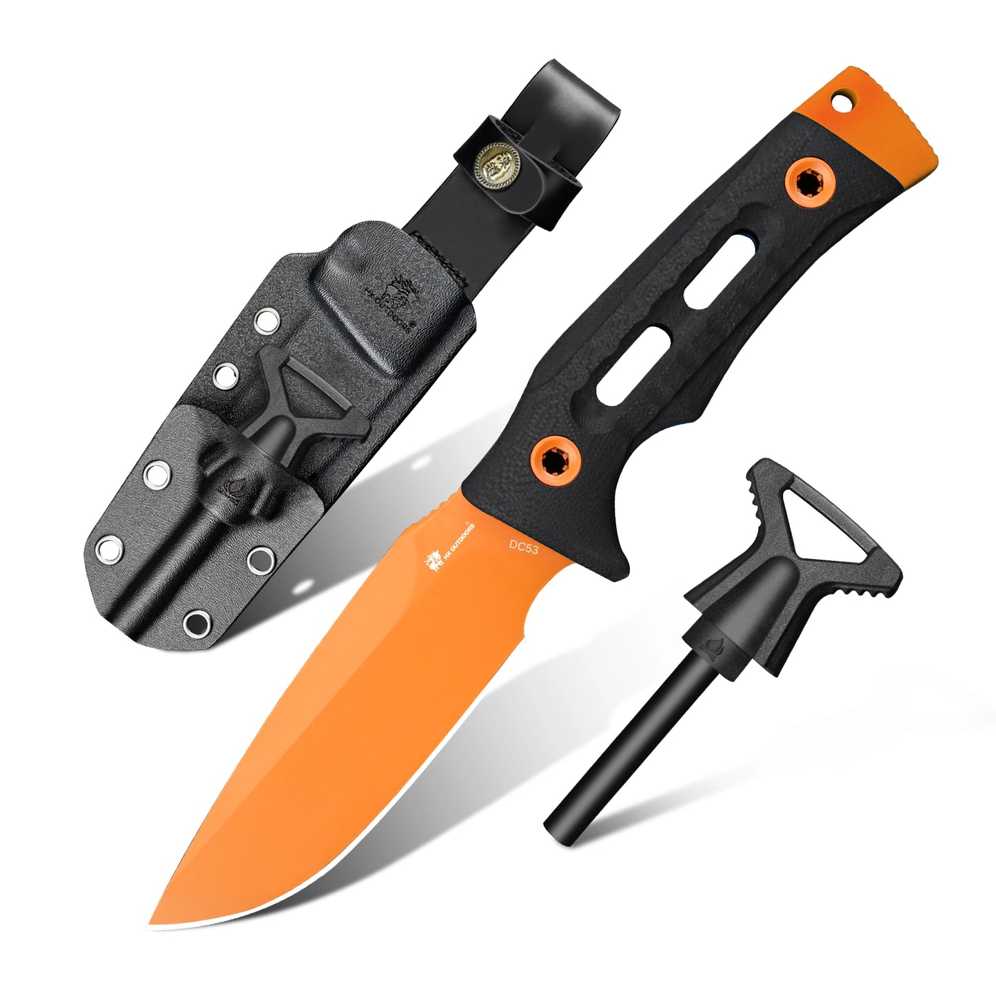 HX OUTDOORS Rock Apex TD-18C â€“ 3.7" DC53 Fixed Blade Knife with Orange Teflon Blade & Black G10 Handle