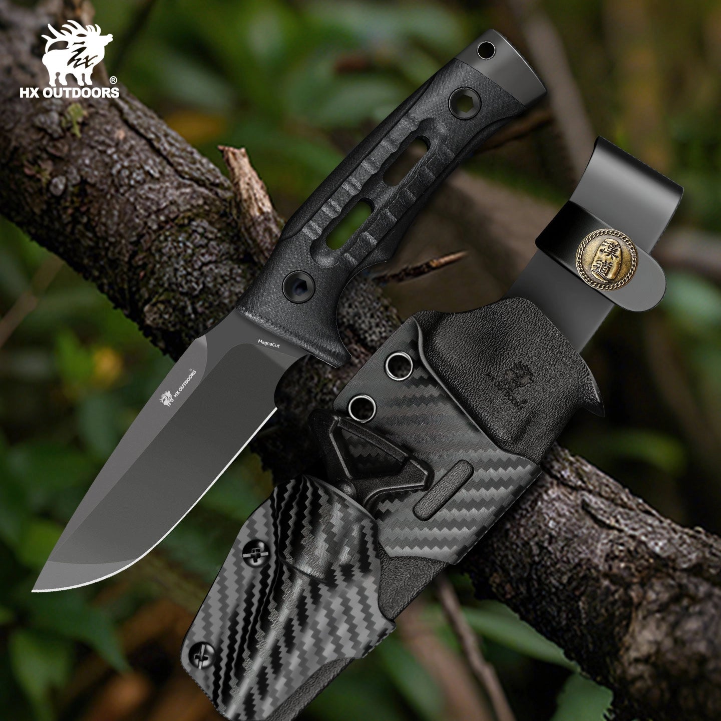 HX OUTDOORS Rock Apex TD-24A – 3.7" MagnaCut Fixed Blade Knife with Matte DLC Blade & Black G10 Handle