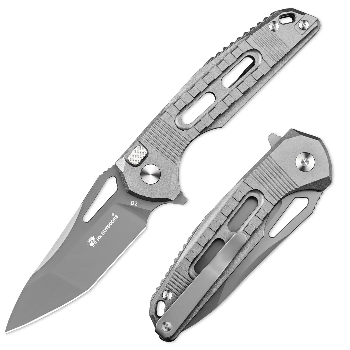 HX OUTDOORS ROCK ONYX ZD-104A-S â€“ 2.87" D2 Button Lock Pocket Knife with Gray Aluminum Handle