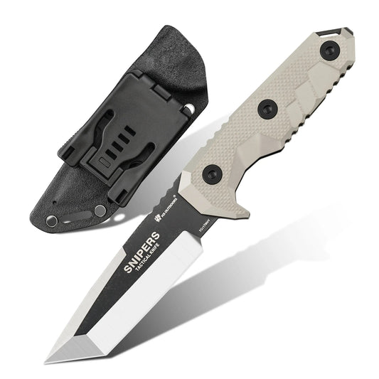 HX Outdoors SNIPERS D-183 front view – 3.86″ 7Cr17MoV forged fixed blade knife with tan G10 handle