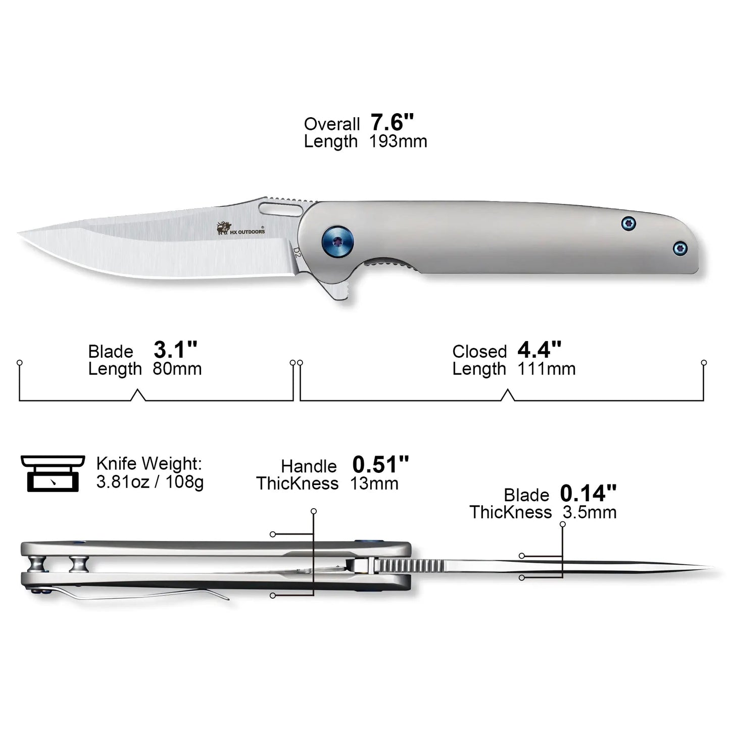 HX OUTDOORS VULCAN ZD-117S – 3.1" D2 Titanium Liner Lock Pocket Knife
