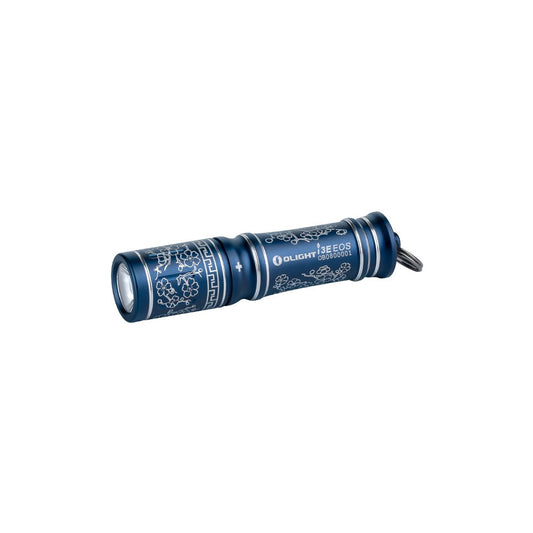Olight i3E EOS Blue Porcelain front view – 90 lumen AAA keychain flashlight
