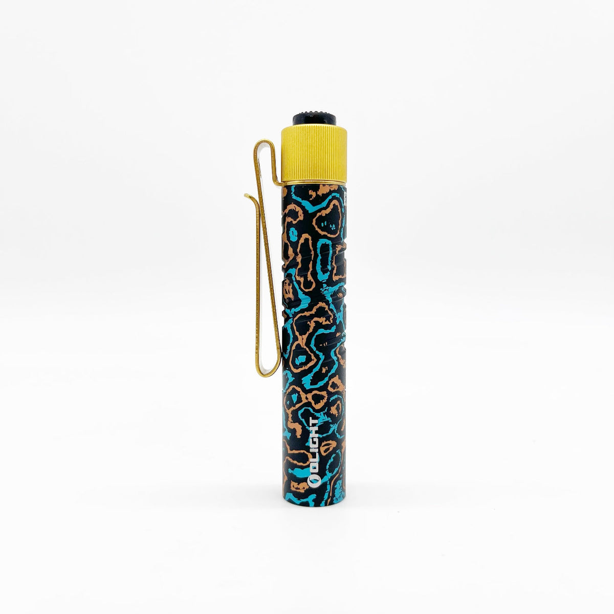 Olight I3T 2 EOS CamoCarbon Shipwreck gold pocket clip detail