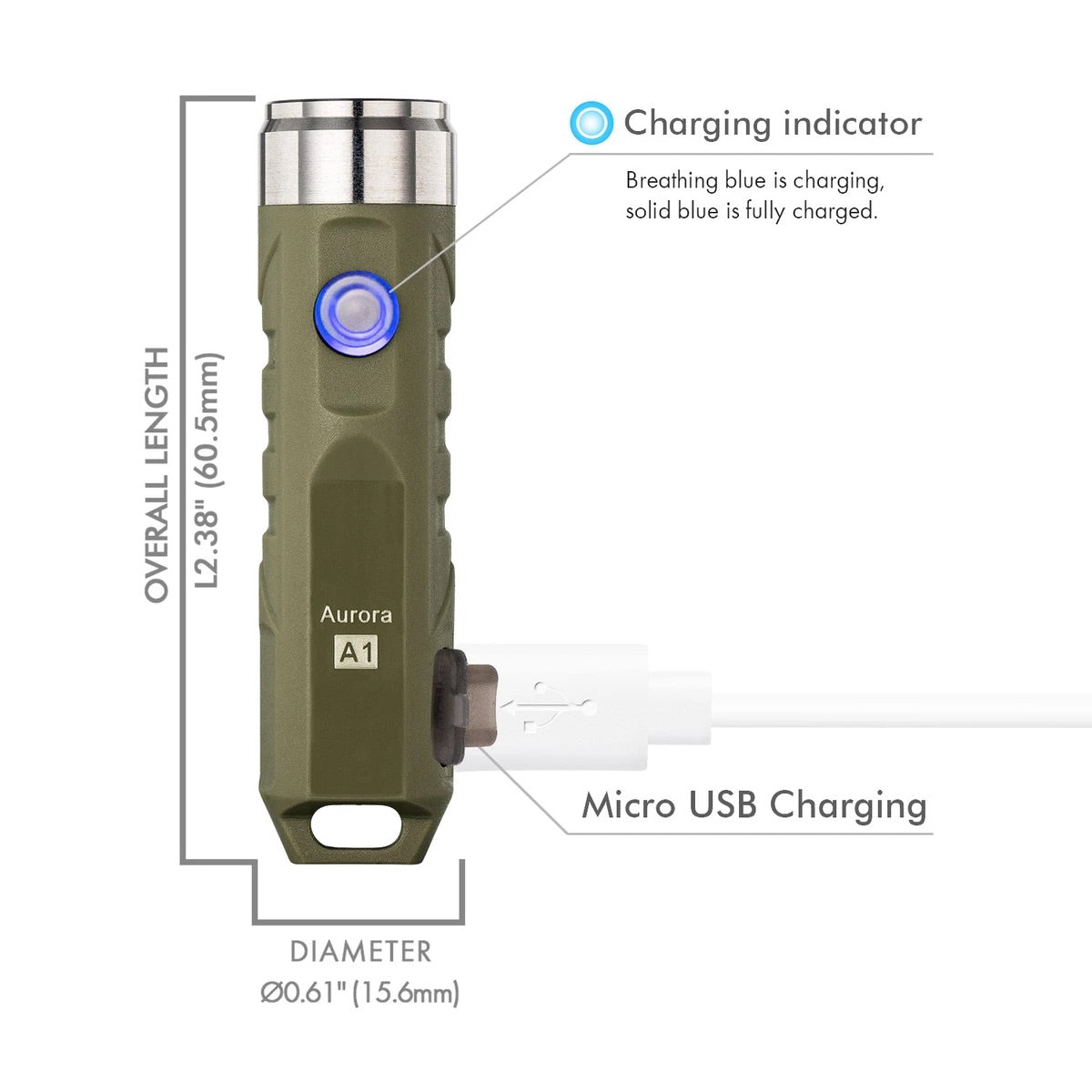 RovyVon A1x 650 Lumen Micro-USB Rechargeable Keychain Flashlight CREE-XP-G3 LED - Army Green