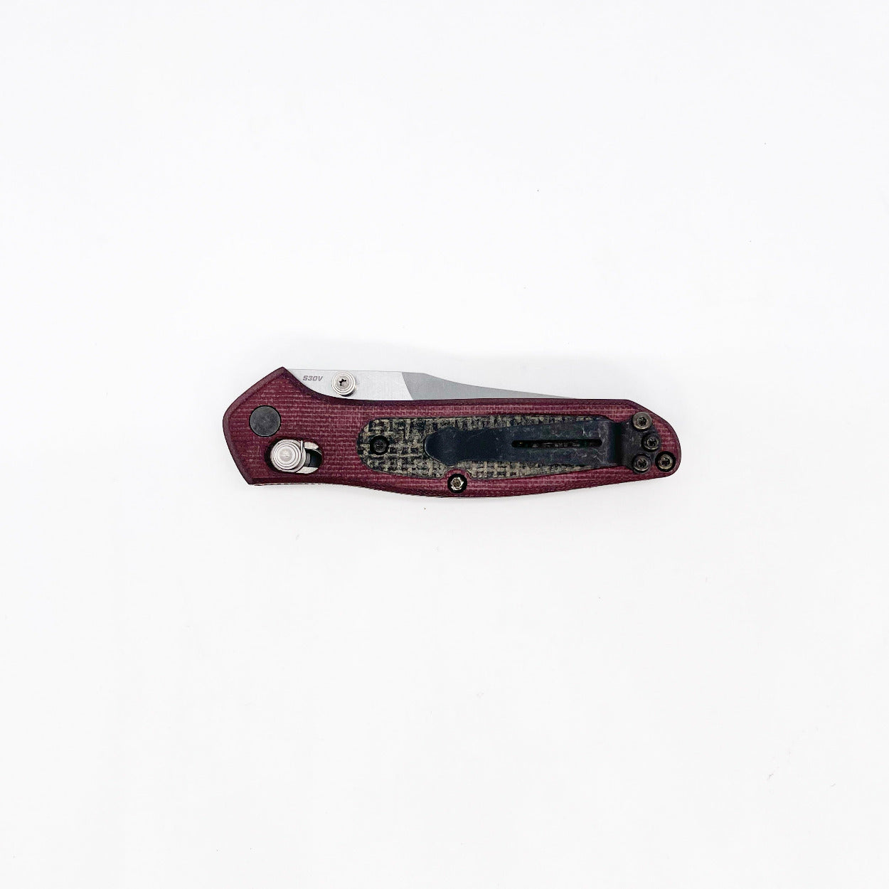 Benchmade 945-RC-1701 Mini Osborne BEN-945-RC-1701 maroon Micarta with black burlap inlay handle detail