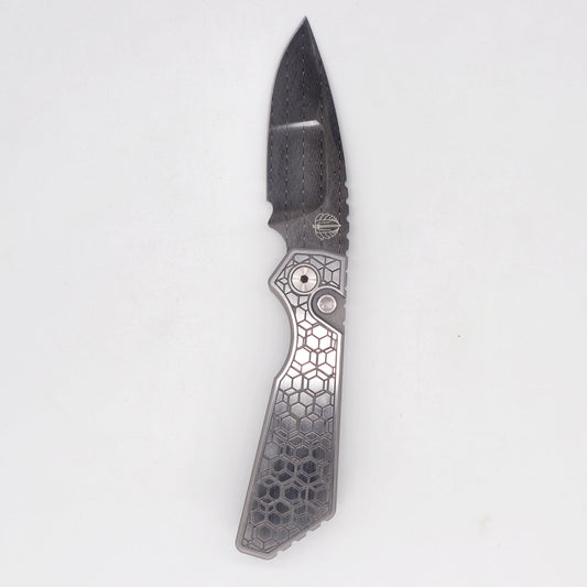 Pro-Tech Strider PT+ Custom 2023.003 Folding Knife Stainless Steel Gridlock Pattern Handles Mike Irie Vegas Forge Herringbone Blade