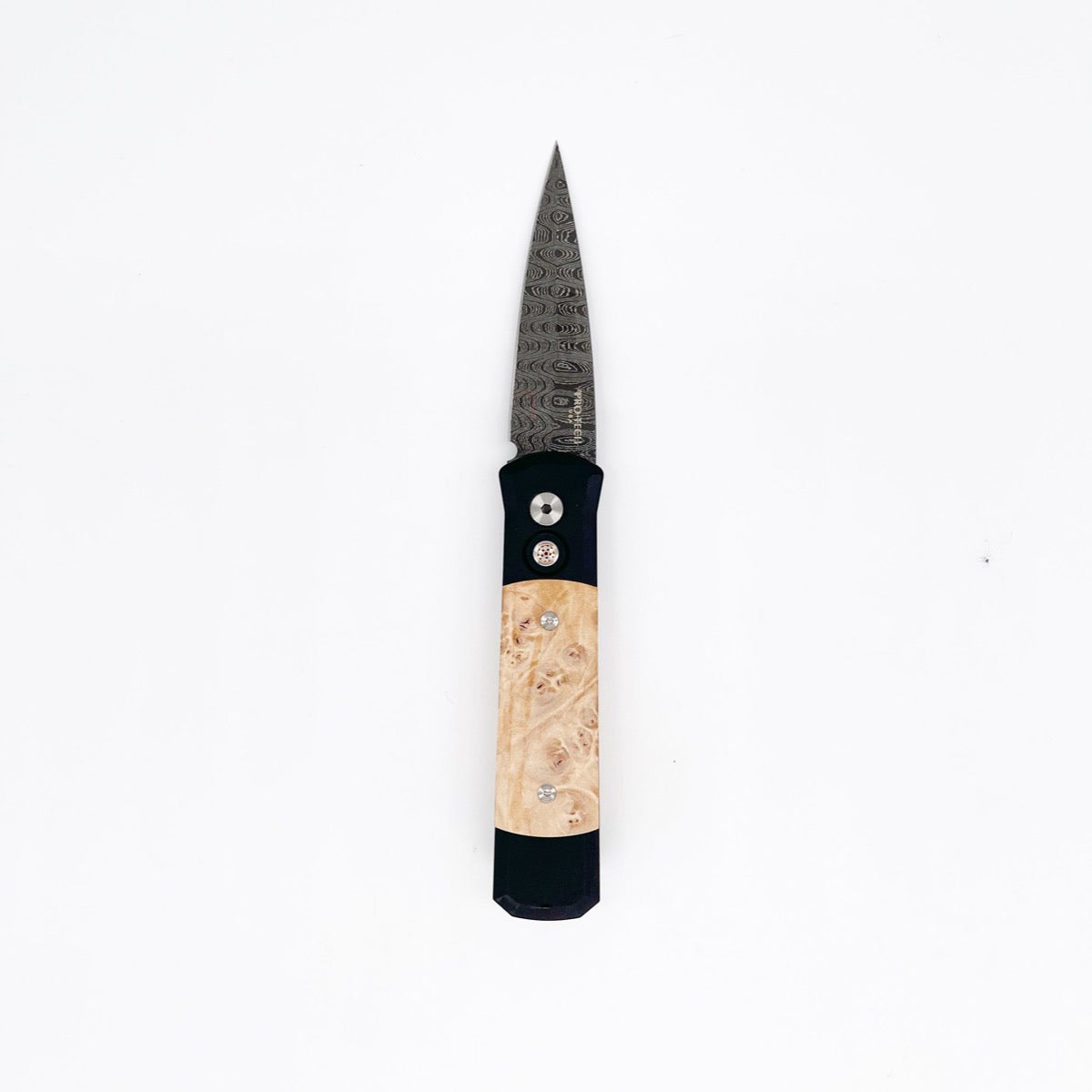 Pro-Tech 706-Dam-Ladder Custom Godson Folding Knife Maple Burl Handle Inlays Mosaic Button Chad Nichols Ladder Damascus