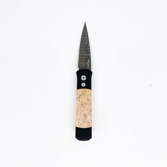 Pro-Tech 706-Dam-Ladder Custom Godson Folding Knife Maple Burl Handle Inlays Mosaic Button Chad Nichols Ladder Damascus