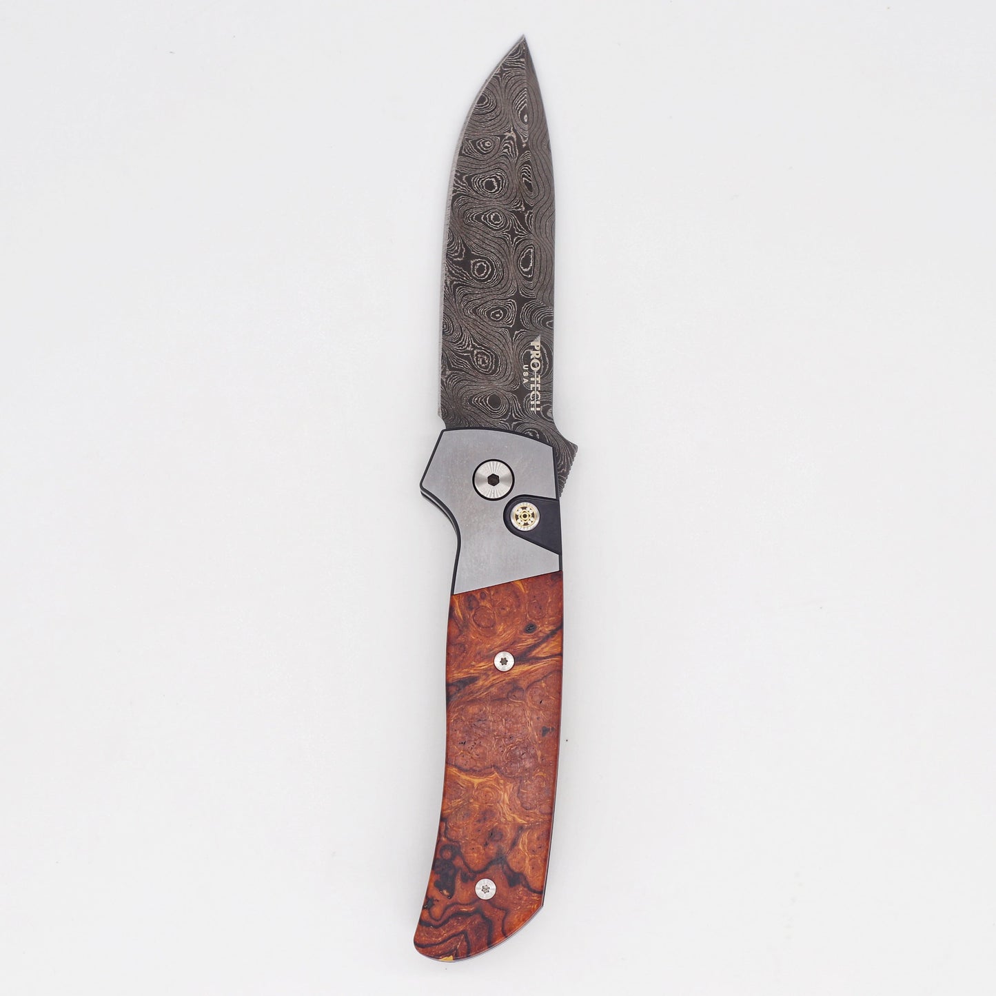Pro-Tech Terzuola 2023 ATCF Custom 011 Folding Knife Desert Iron Wood Inlays Nichols Damascus Blade