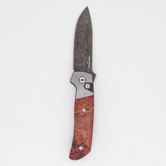 Pro-Tech Terzuola 2023 ATCF Custom 011 Folding Knife Desert Iron Wood Inlays Nichols Damascus Blade