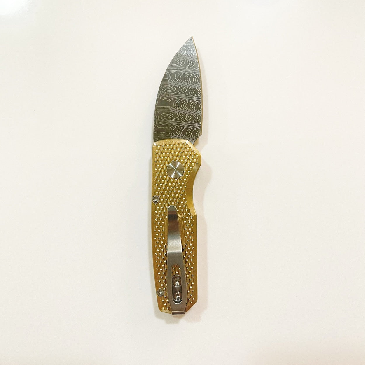 ProTech 5111-D Runt 5 Textured Bronze AL Handle Mosaic Button Chad Nichols Damascus Blade