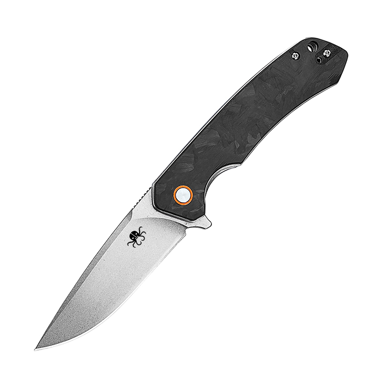 Klaken J146 Ridge J146-BlackCF-Satin front view – 3.54" satin D2 drop point folding knife with black crushed carbon fiber handle