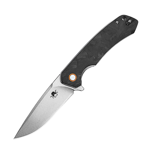 Klaken J146 Ridge J146-BlackCF-Satin front view – 3.54" satin D2 drop point folding knife with black crushed carbon fiber handle