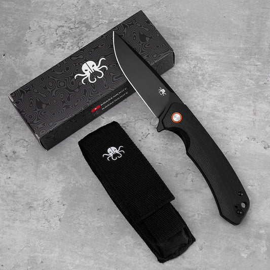 Klaken J146 Ridge J146-BlackG10-Black front view – 3.54" black-coated D2 drop point folding knife with box and nylon pouch