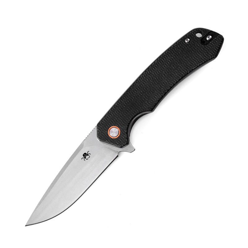 Klaken J146 Ridge J146-BlackG10-Satin front view – 3.54" satin D2 drop point folding knife with black G10 handle