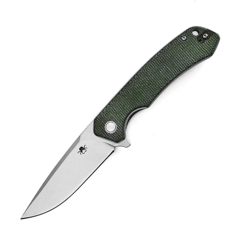 Klaken J146 Ridge J146-GreenMicarta-Satin front view – 3.54" satin D2 drop point folding knife with green Micarta handle