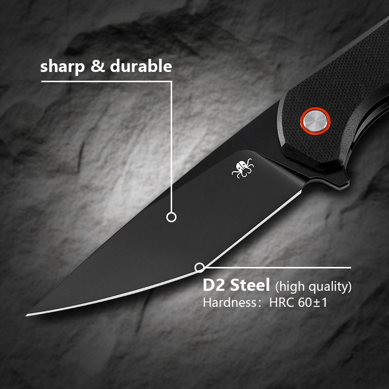 Klaken J147 Virex J147-D-BlackDP-BlackG10 blade detail – black-coated D2 drop point, 60 HRC