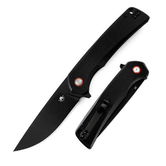 Klaken J147 Virex J147-D-BlackDP-BlackG10 front view – 3.54" black-coated D2 drop point folding knife with black G10 handle