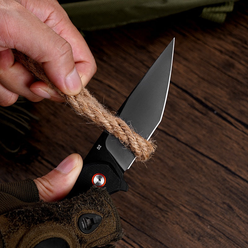 Klaken J147 Virex J147-D-BlackDP-BlackG10 open position showing 3.54" black-coated D2 drop point blade