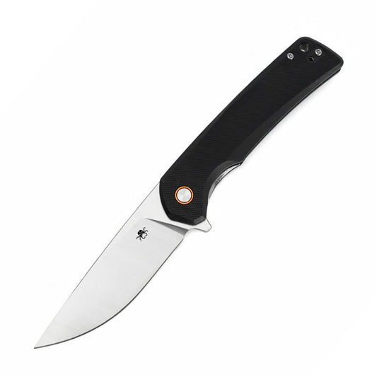 Klaken J147 Virex J147-D-SatinDP-BlackG10 front view – 3.54" satin D2 drop point folding knife with black G10 handle