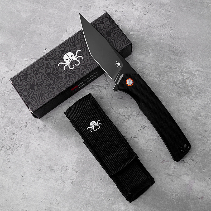 Klaken J147 Virex J147-T-BlackTanto-BlackG10 front view – 3.54" black-coated D2 tanto folding knife with black G10 handle