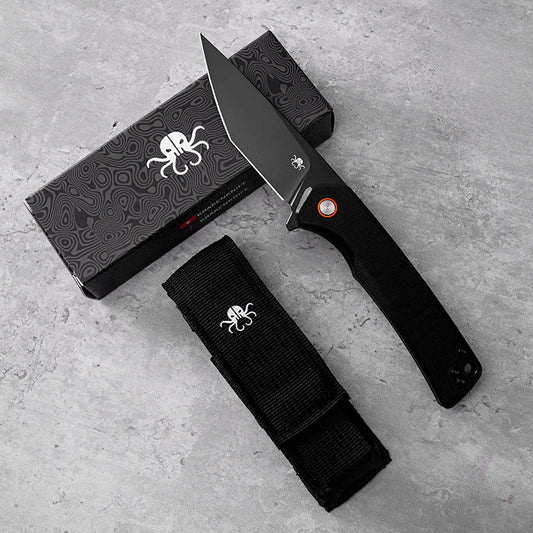Klaken J147 Virex J147-T-BlackTanto-BlackG10 front view – 3.54" black-coated D2 tanto folding knife with black G10 handle