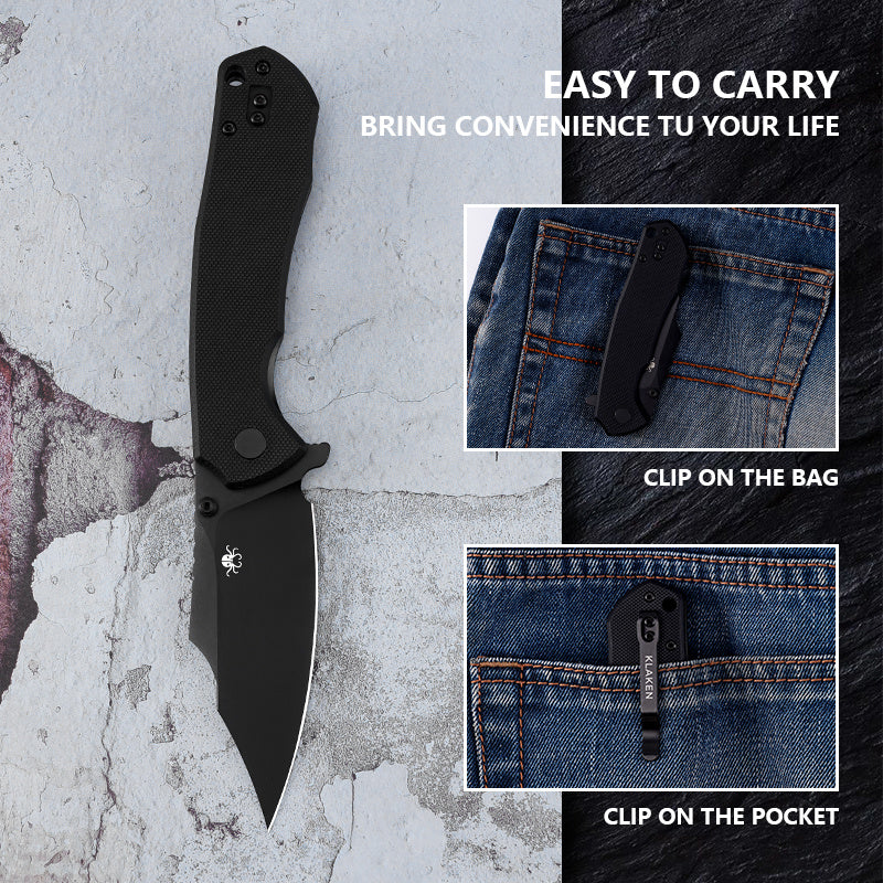 Klaken B04 Grani J209-BlackG10-Blackblade closed view with reversible deep-carry pocket clip